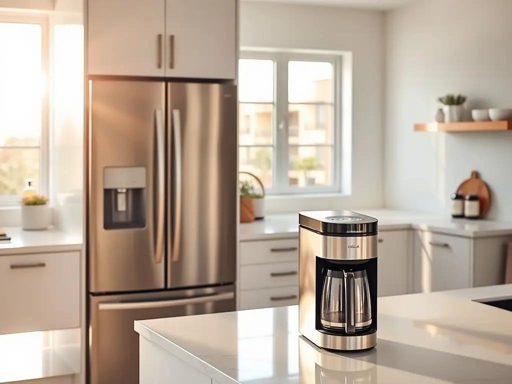 A sleek, modern kitchen featuring stainless steel appliances, minimalist cabinetry, and integrated smart technology, set in a brightly lit, open-concept space.
