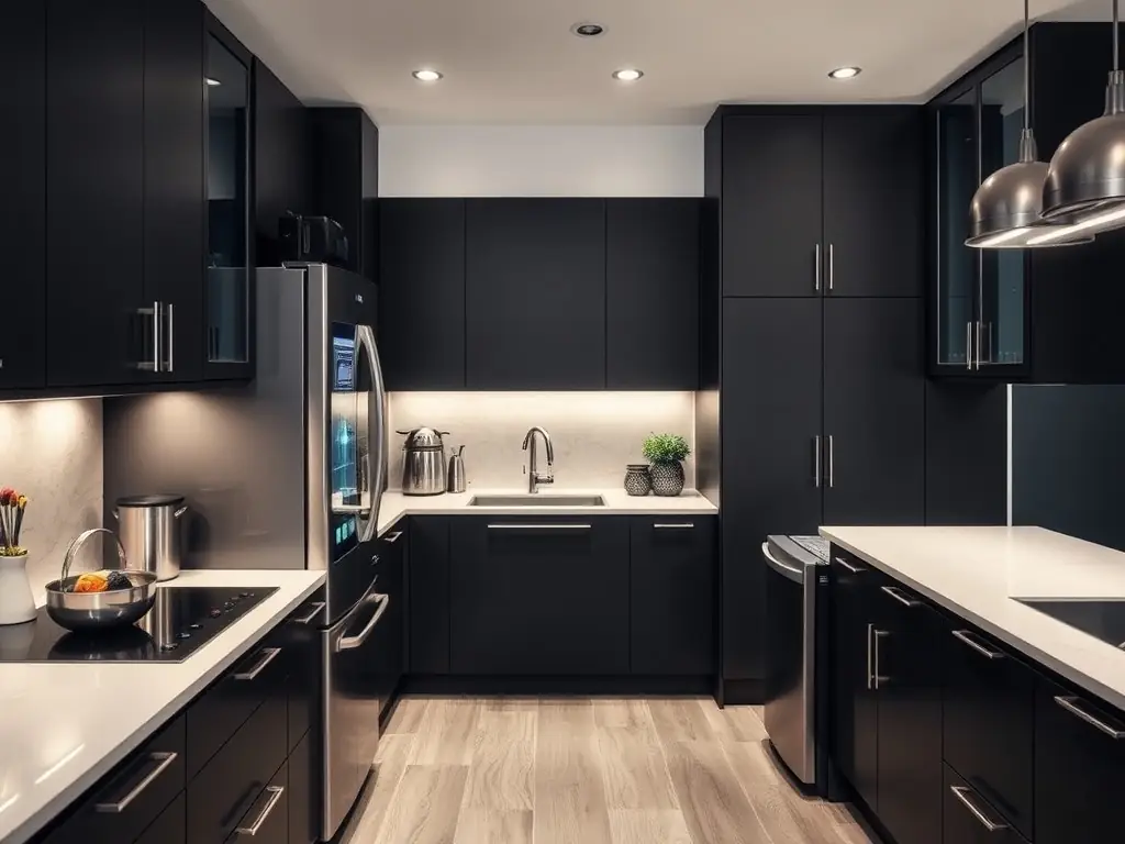 A high-tech kitchen showcasing smart appliances, including a touchscreen refrigerator, voice-controlled lighting, and automated cooking systems.