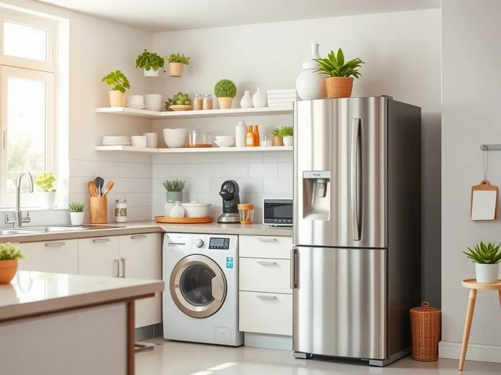 A bright, energy-efficient kitchen featuring LED lighting, Energy Star-rated appliances, and sustainable materials, designed to minimize environmental impact.